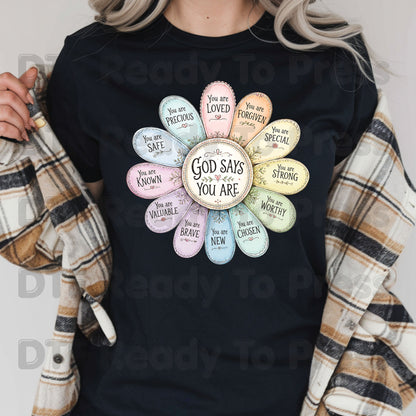God Says You Are Flower DTF Transfer Ready to Press Christian Mental Health UV DTF Sticker Daily Affirmations Faith Scripture Heat Transfer for Shirts