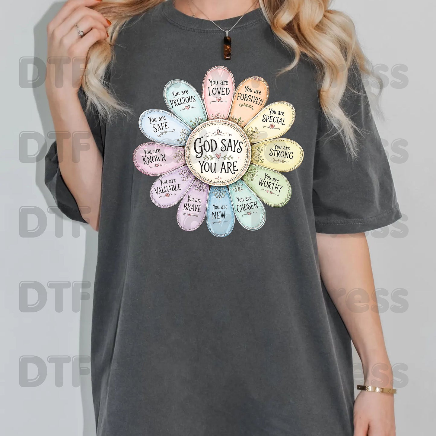 God Says You Are Flower DTF Transfer Ready to Press Christian Mental Health UV DTF Sticker Daily Affirmations Faith Scripture Heat Transfer for Shirts