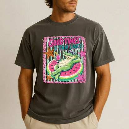 Good Times & Tan Lines Alligator DTF Transfer Ready to Press Summer Vacation UV DTF Sticker Watermelon Float Heat Transfer for Shirts