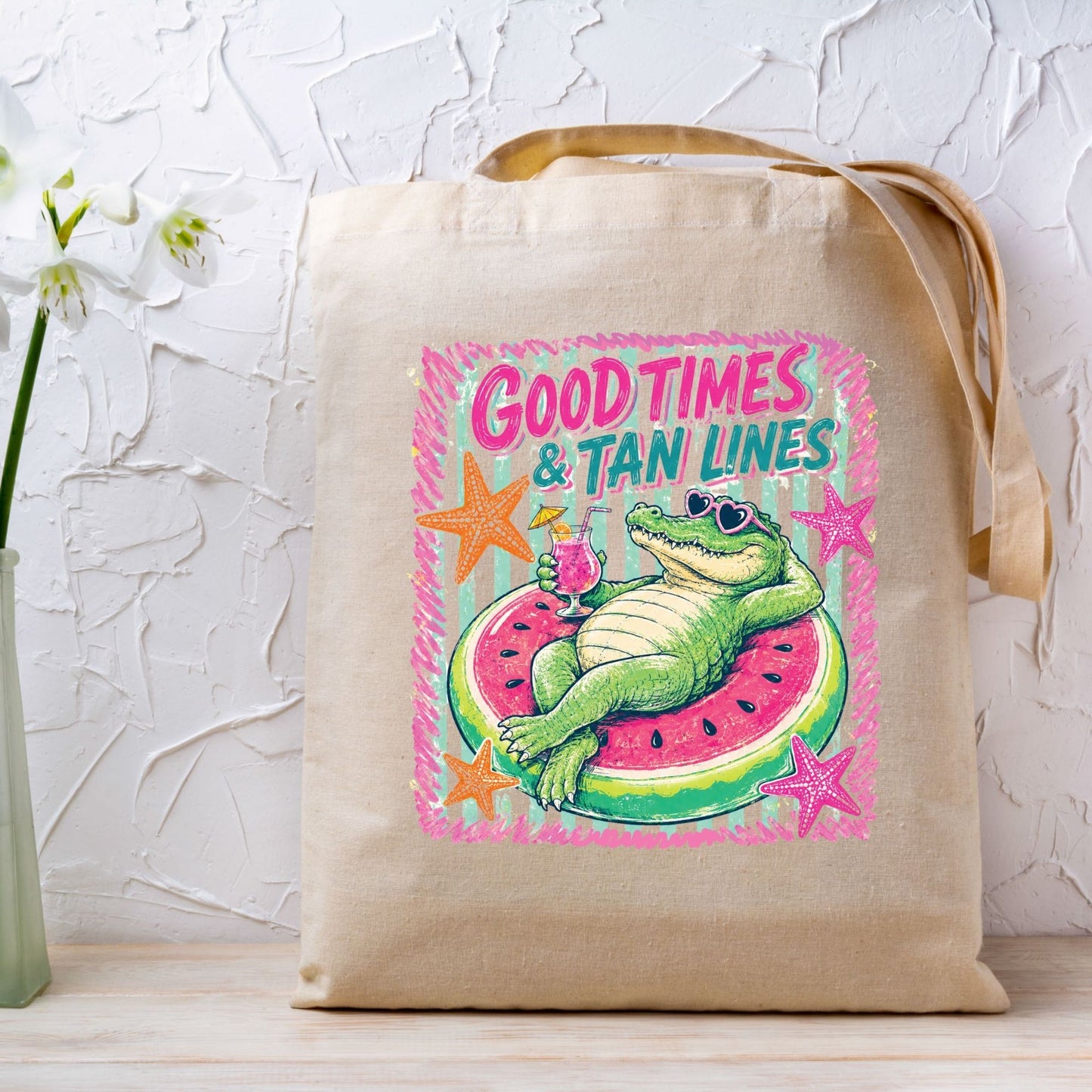 Good Times & Tan Lines Alligator DTF Transfer Ready to Press Summer Vacation UV DTF Sticker Watermelon Float Heat Transfer for Shirts