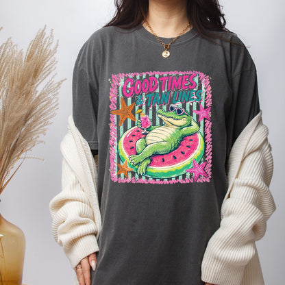 Good Times & Tan Lines Alligator DTF Transfer Ready to Press Summer Vacation UV DTF Sticker Watermelon Float Heat Transfer for Shirts