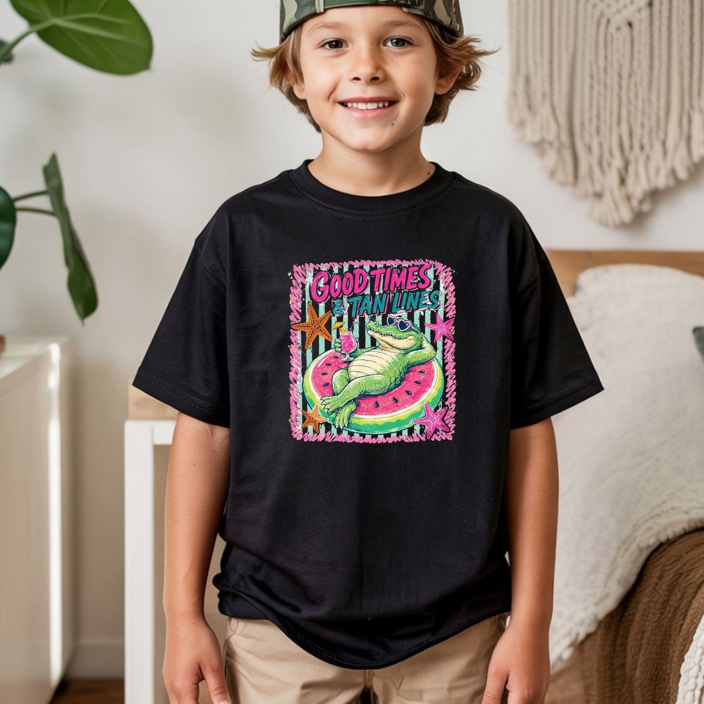 Good Times & Tan Lines Alligator DTF Transfer Ready to Press Summer Vacation UV DTF Sticker Watermelon Float Heat Transfer for Shirts