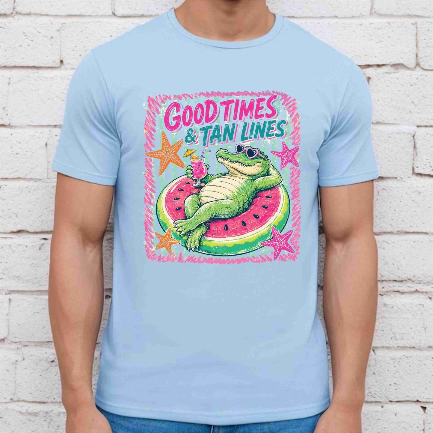 Good Times & Tan Lines Alligator DTF Transfer Ready to Press Summer Vacation UV DTF Sticker Watermelon Float Heat Transfer for Shirts