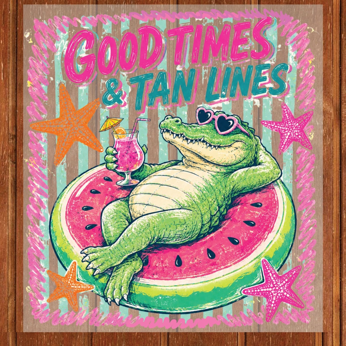 Good Times & Tan Lines Alligator DTF Transfer Ready to Press Summer Vacation UV DTF Sticker Watermelon Float Heat Transfer for Shirts