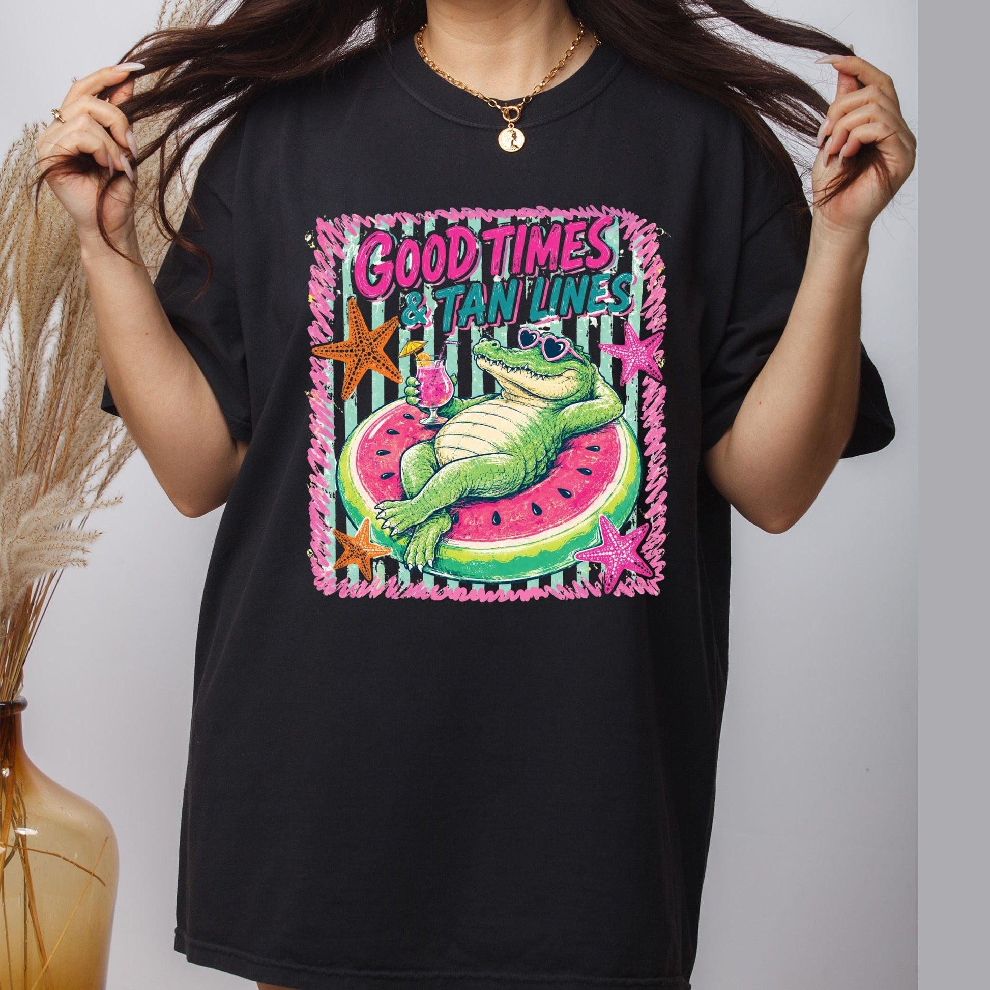 Good Times & Tan Lines Alligator DTF Transfer Ready to Press Summer Vacation UV DTF Sticker Watermelon Float Heat Transfer for Shirts