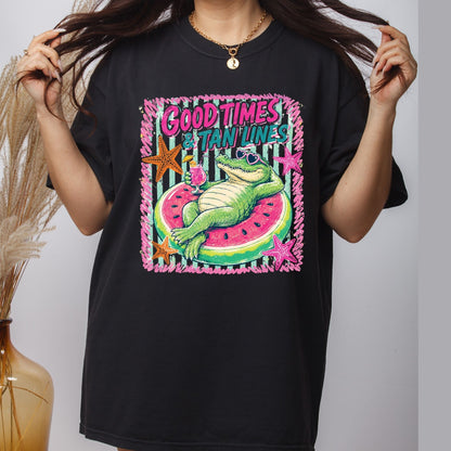 Good Times & Tan Lines Alligator DTF Transfer Ready to Press Summer Vacation UV DTF Sticker Watermelon Float Heat Transfer for Shirts