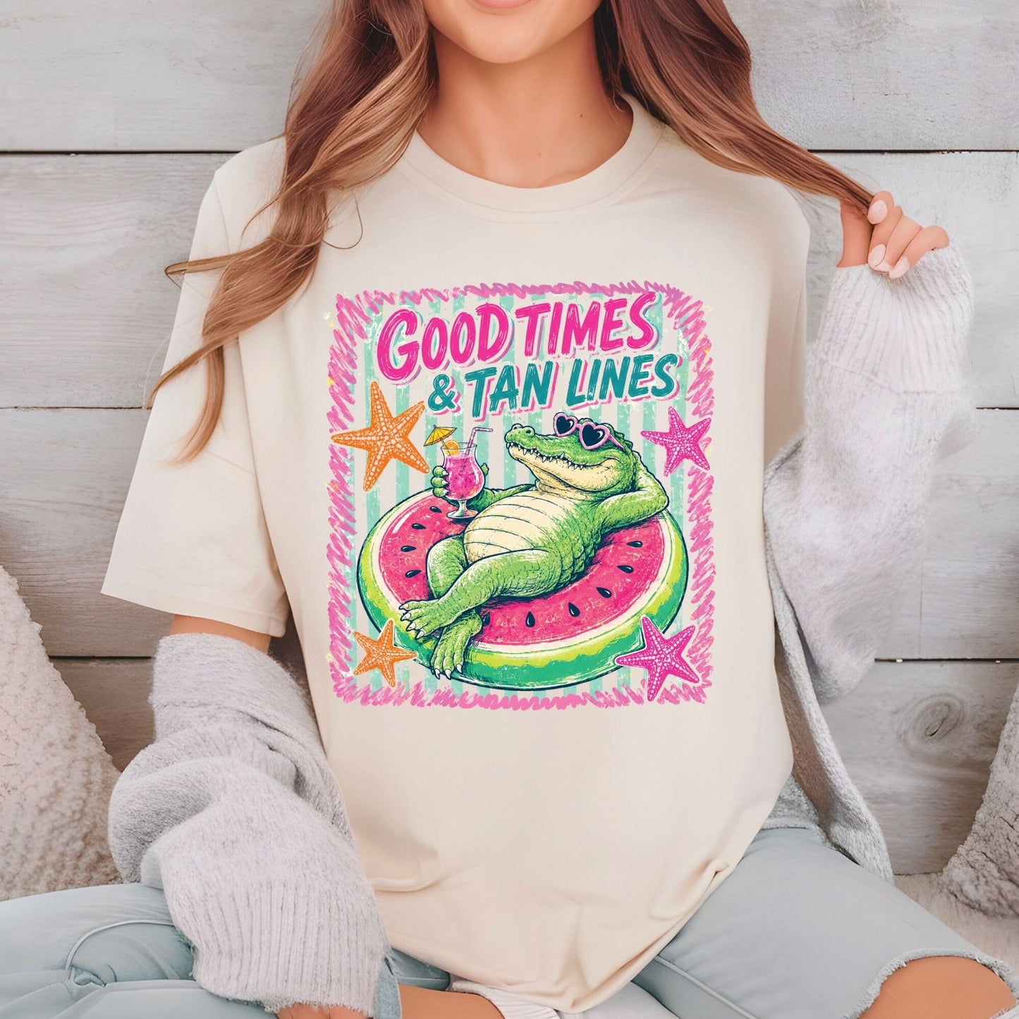Good Times & Tan Lines Alligator DTF Transfer Ready to Press Summer Vacation UV DTF Sticker Watermelon Float Heat Transfer for Shirts