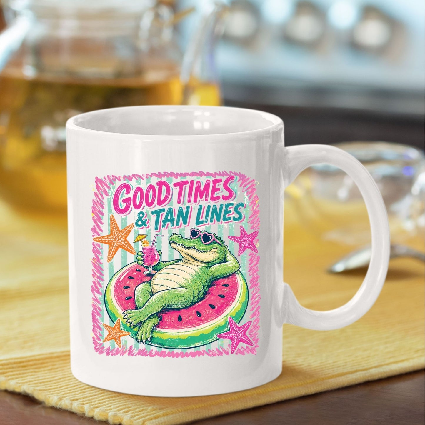 Good Times & Tan Lines Alligator DTF Transfer Ready to Press Summer Vacation UV DTF Sticker Watermelon Float Heat Transfer for Shirts