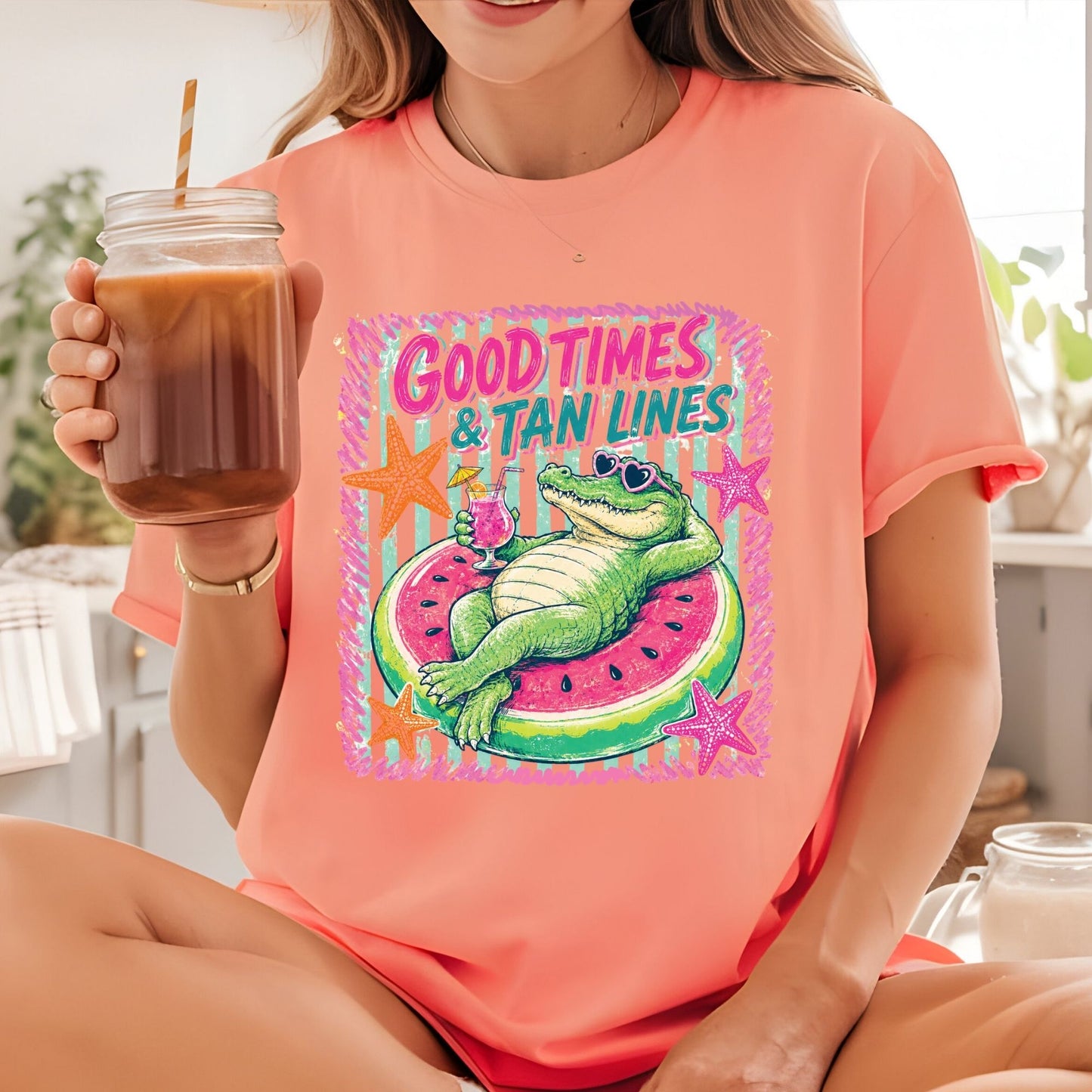 Good Times & Tan Lines Alligator DTF Transfer Ready to Press Summer Vacation UV DTF Sticker Watermelon Float Heat Transfer for Shirts