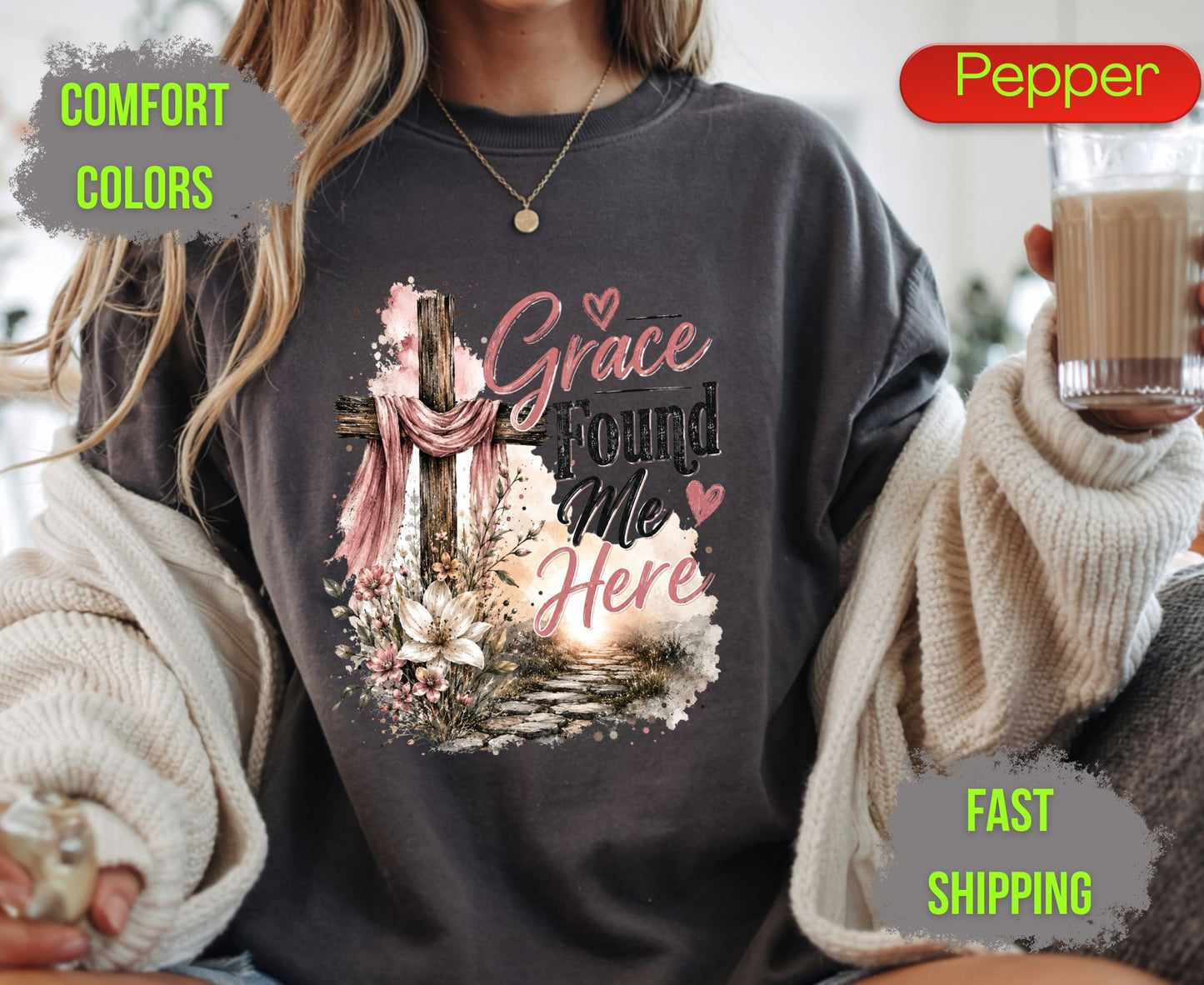 Grace Found Me Here Comfort Colors T Shirts Cute Christian Floral Cross Tee Easter Wooden Cross Shirt Religious Grace Bible Verse Gifts