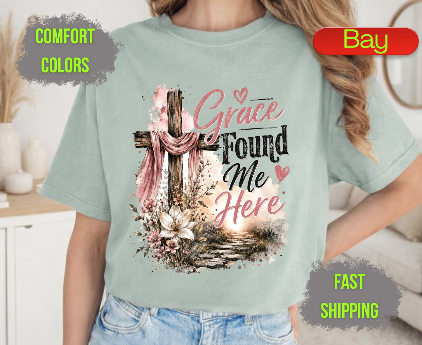 Grace Found Me Here Comfort Colors T Shirts Cute Christian Floral Cross Tee Easter Wooden Cross Shirt Religious Grace Bible Verse Gifts