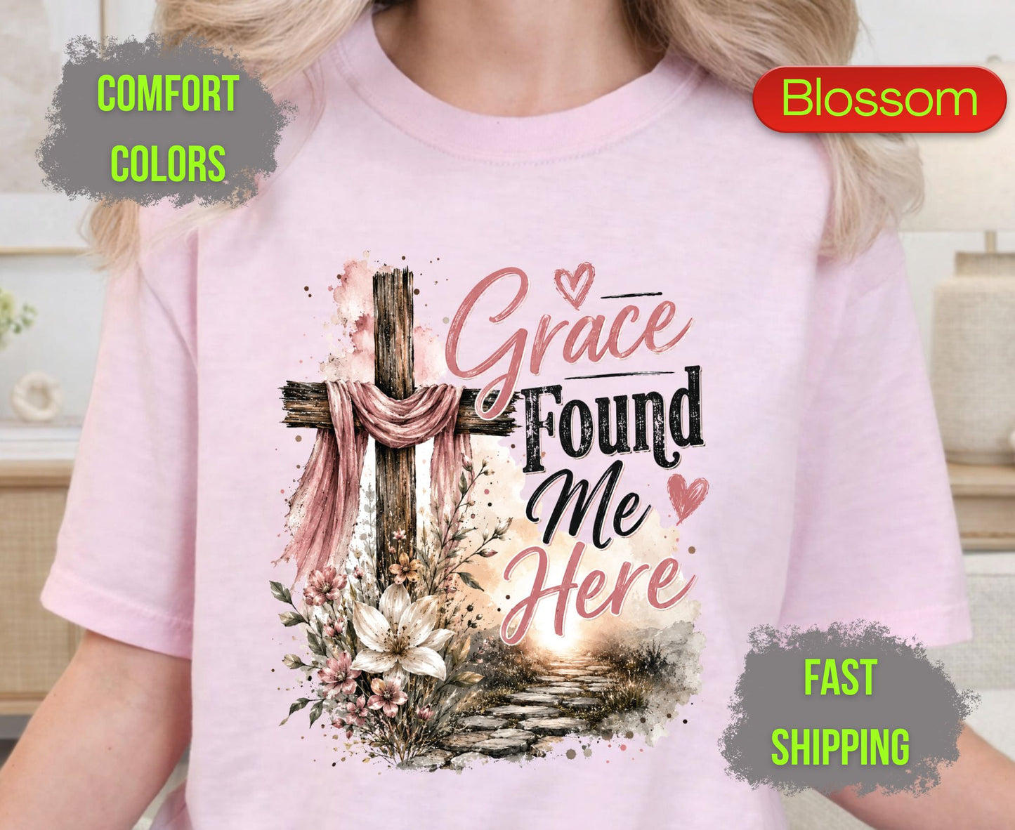 Grace Found Me Here Comfort Colors T Shirts Cute Christian Floral Cross Tee Easter Wooden Cross Shirt Religious Grace Bible Verse Gifts