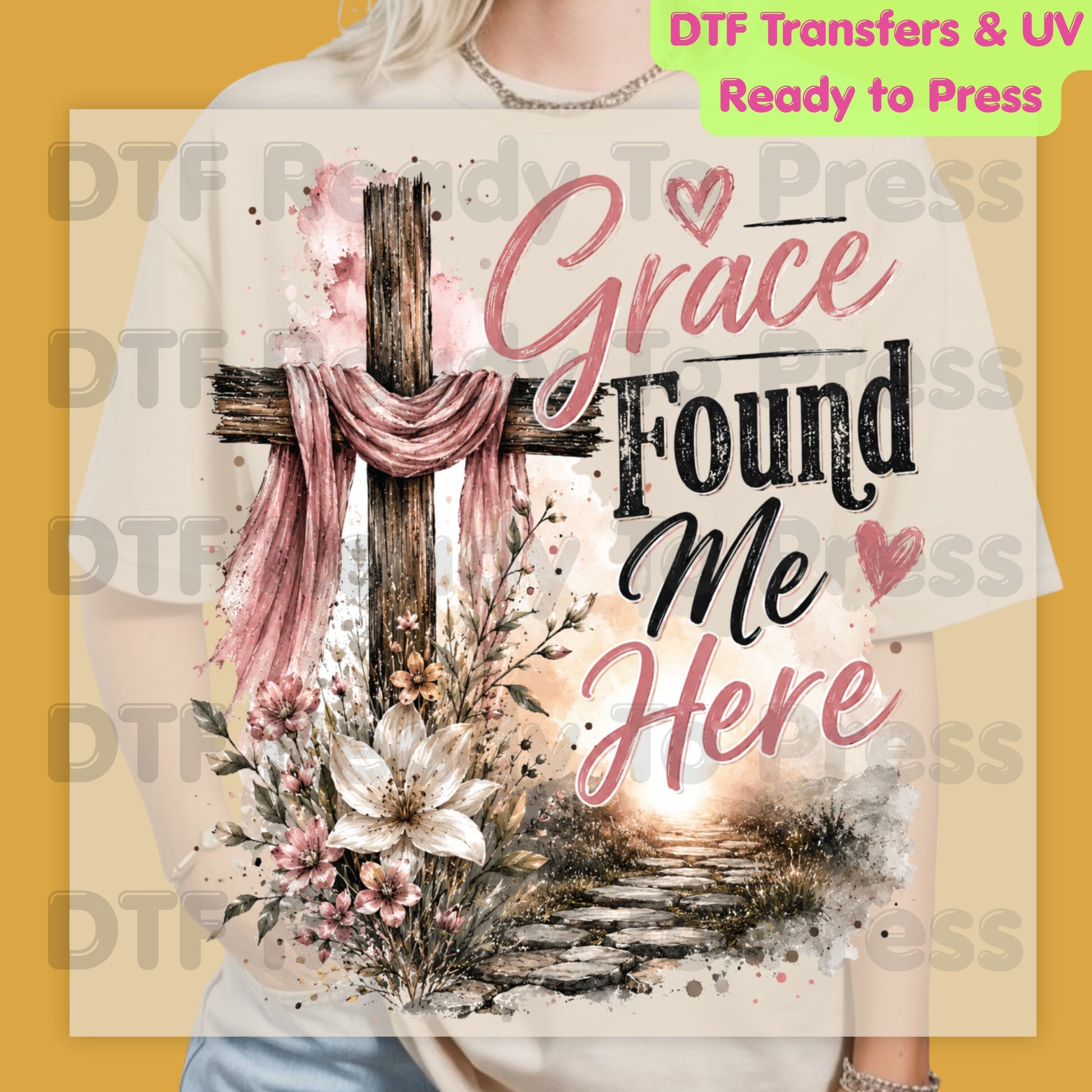 Grace Found Me Here DTF Transfer Ready to Press Christian Cross UV DTF Sticker Pink Floral Draped Cross Religious Path Spiritual Heat Transfer for Shirts