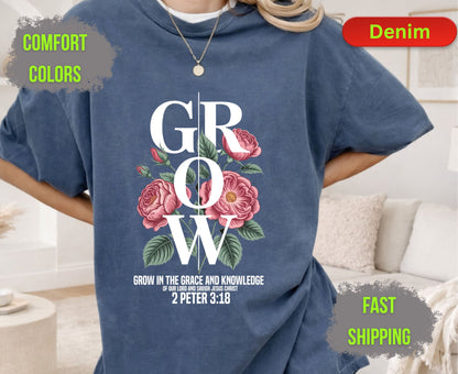 Grow Floral Comfort Colors T Shirts Vintage Rose Tee Cute Botanical Wildflower Shirt Cottagecore Garden Graphic Gifts for Flower Lovers