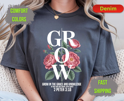 Grow Floral Comfort Colors T Shirts Vintage Rose Tee Cute Botanical Wildflower Shirt Cottagecore Garden Graphic Gifts for Flower Lovers
