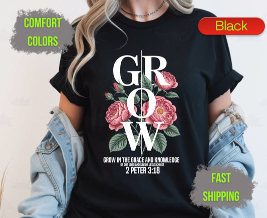 Grow Floral Comfort Colors T Shirts Vintage Rose Tee Cute Botanical Wildflower Shirt Cottagecore Garden Graphic Gifts for Flower Lovers