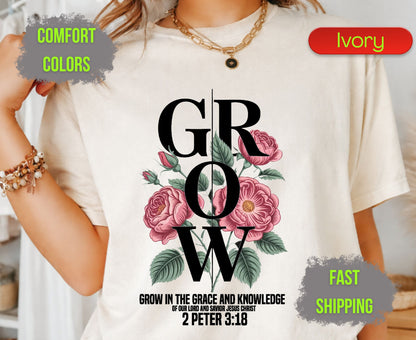Grow Floral Comfort Colors T Shirts Vintage Rose Tee Cute Botanical Wildflower Shirt Cottagecore Garden Graphic Gifts for Flower Lovers