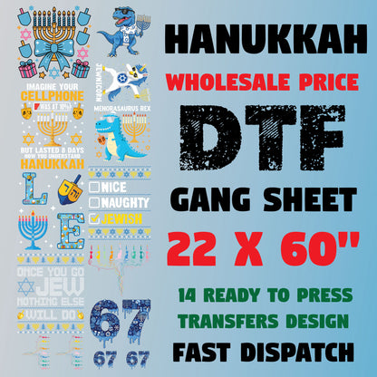 Hanukkah DTF Transfer Gang Sheet Ready to Press, Menorah Premade Heat Transfer Designs, Jewish Holiday Iron on Transfers For Sweatshirts Tee