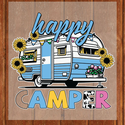 Happy Camper DTF Transfer Ready to Press Retro Sunflower Caravan Heat Transfer For Shirt Cute Camper UV Sticker Prints Iron on Transfer