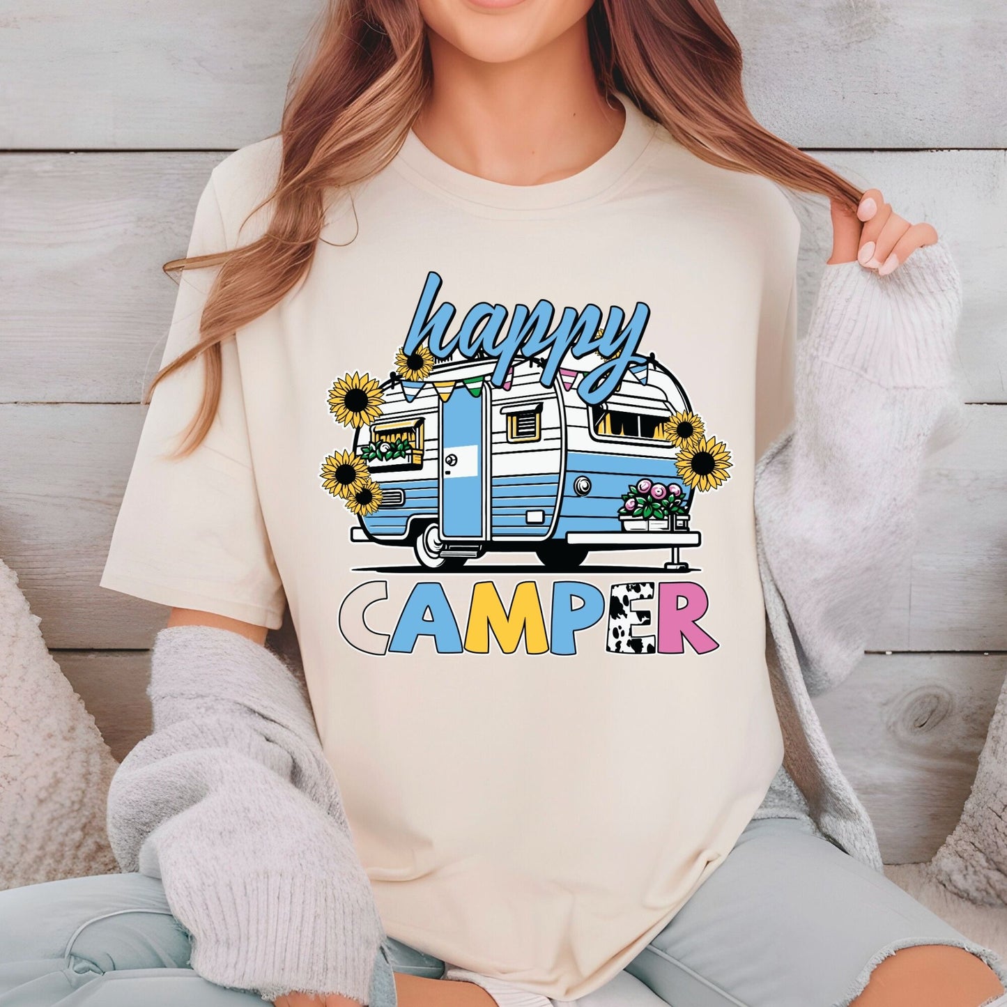 Happy Camper DTF Transfer Ready to Press Retro Sunflower Caravan Heat Transfer For Shirt Cute Camper UV Sticker Prints Iron on Transfer
