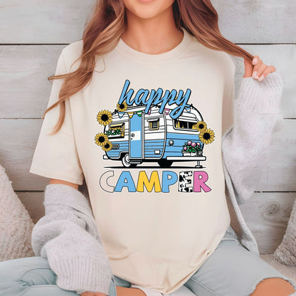 Happy Camper DTF Transfer Ready to Press Retro Sunflower Caravan Heat Transfer For Shirt Cute Camper UV Sticker Prints Iron on Transfer