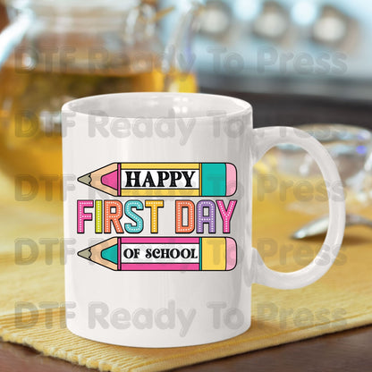 Happy First Day of School DTF Transfer Ready to Press Retro Pencil Teacher Student Back to School Heat Transfer for Shirts UV Sticker Prints