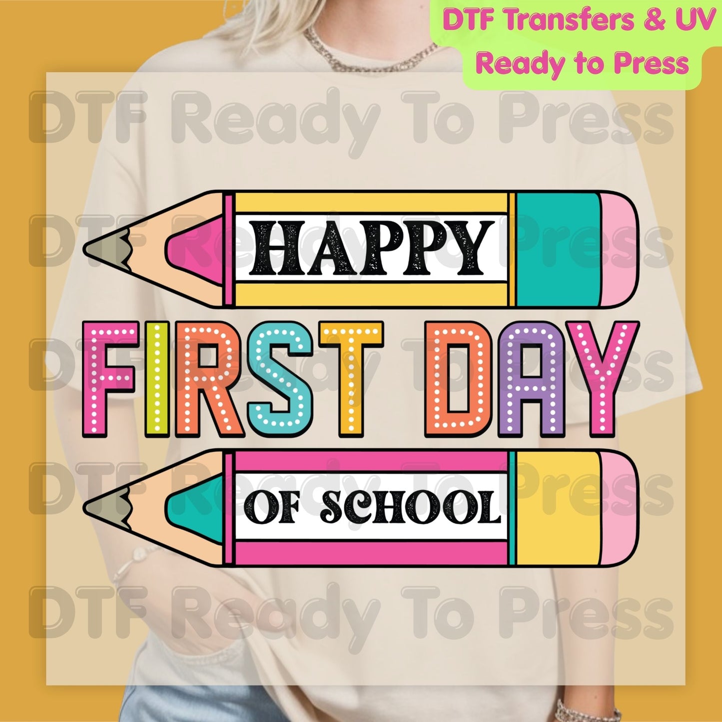Happy First Day of School DTF Transfer Ready to Press Retro Pencil Teacher Student Back to School Heat Transfer for Shirts UV Sticker Prints