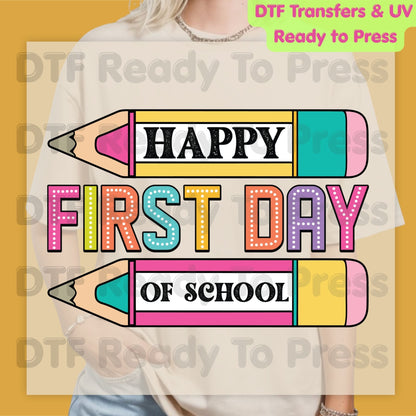Happy First Day of School DTF Transfer Ready to Press Retro Pencil Teacher Student Back to School Heat Transfer for Shirts UV Sticker Prints