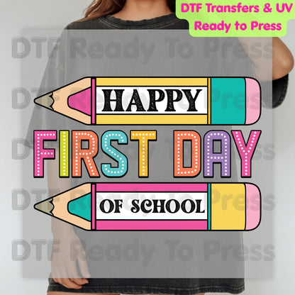 Happy First Day of School DTF Transfer Ready to Press Retro Pencil Teacher Student Back to School Heat Transfer for Shirts UV Sticker Prints