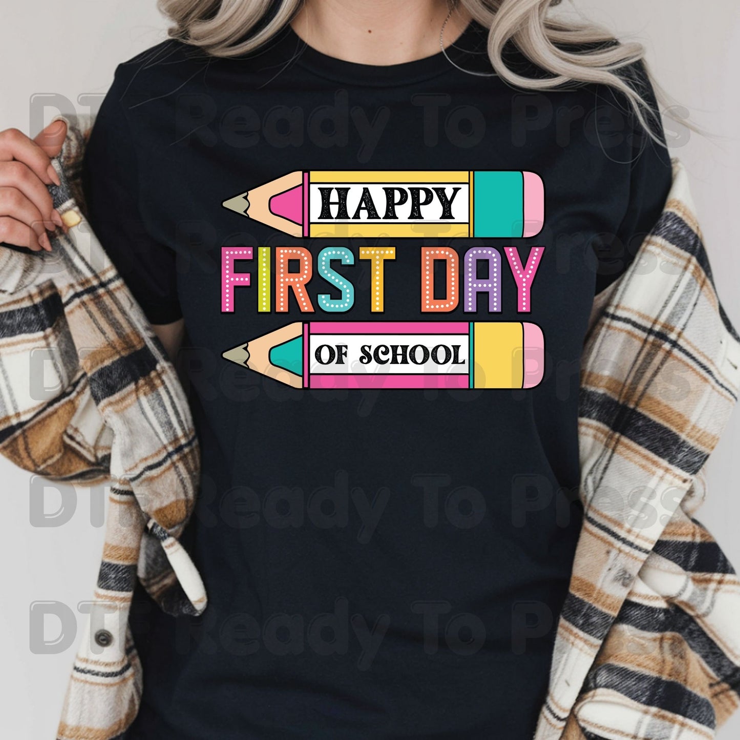 Happy First Day of School DTF Transfer Ready to Press Retro Pencil Teacher Student Back to School Heat Transfer for Shirts UV Sticker Prints