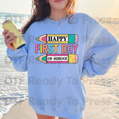 Happy First Day of School DTF Transfer Ready to Press Retro Pencil Teacher Student Back to School Heat Transfer for Shirts UV Sticker Prints