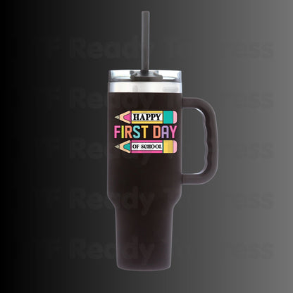 Happy First Day of School DTF Transfer Ready to Press Retro Pencil Teacher Student Back to School Heat Transfer for Shirts UV Sticker Prints