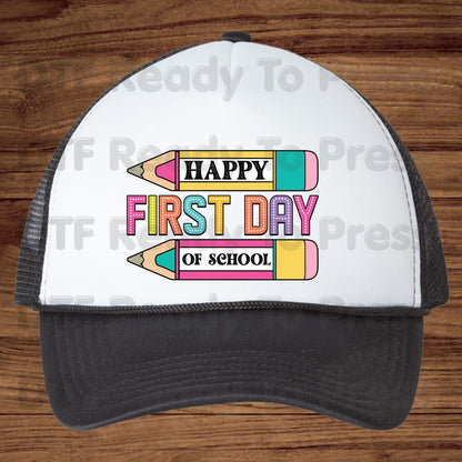 Happy First Day of School DTF Transfer Ready to Press Retro Pencil Teacher Student Back to School Heat Transfer for Shirts UV Sticker Prints