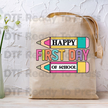 Happy First Day of School DTF Transfer Ready to Press Retro Pencil Teacher Student Back to School Heat Transfer for Shirts UV Sticker Prints