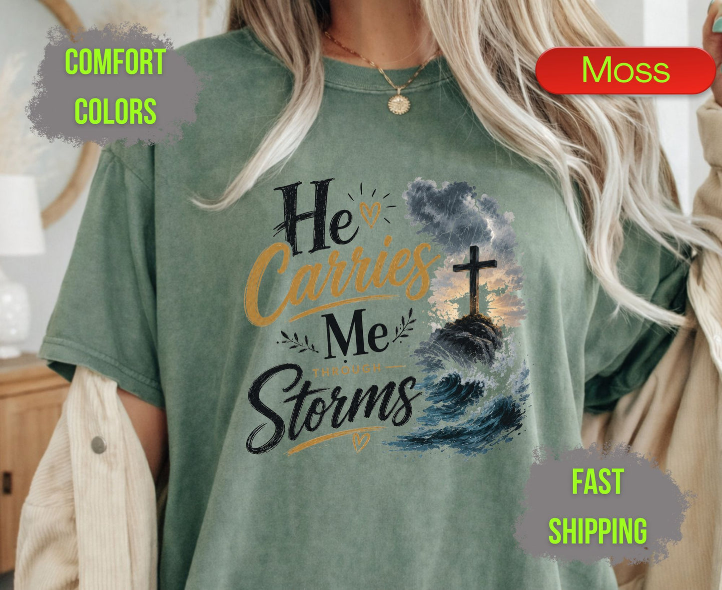 He Carries Me Through Storms Comfort Colors T Shirts Christian Ocean Wave Tee Religious Cross Mountain Shirt Inspirational Faith Scripture Gifts