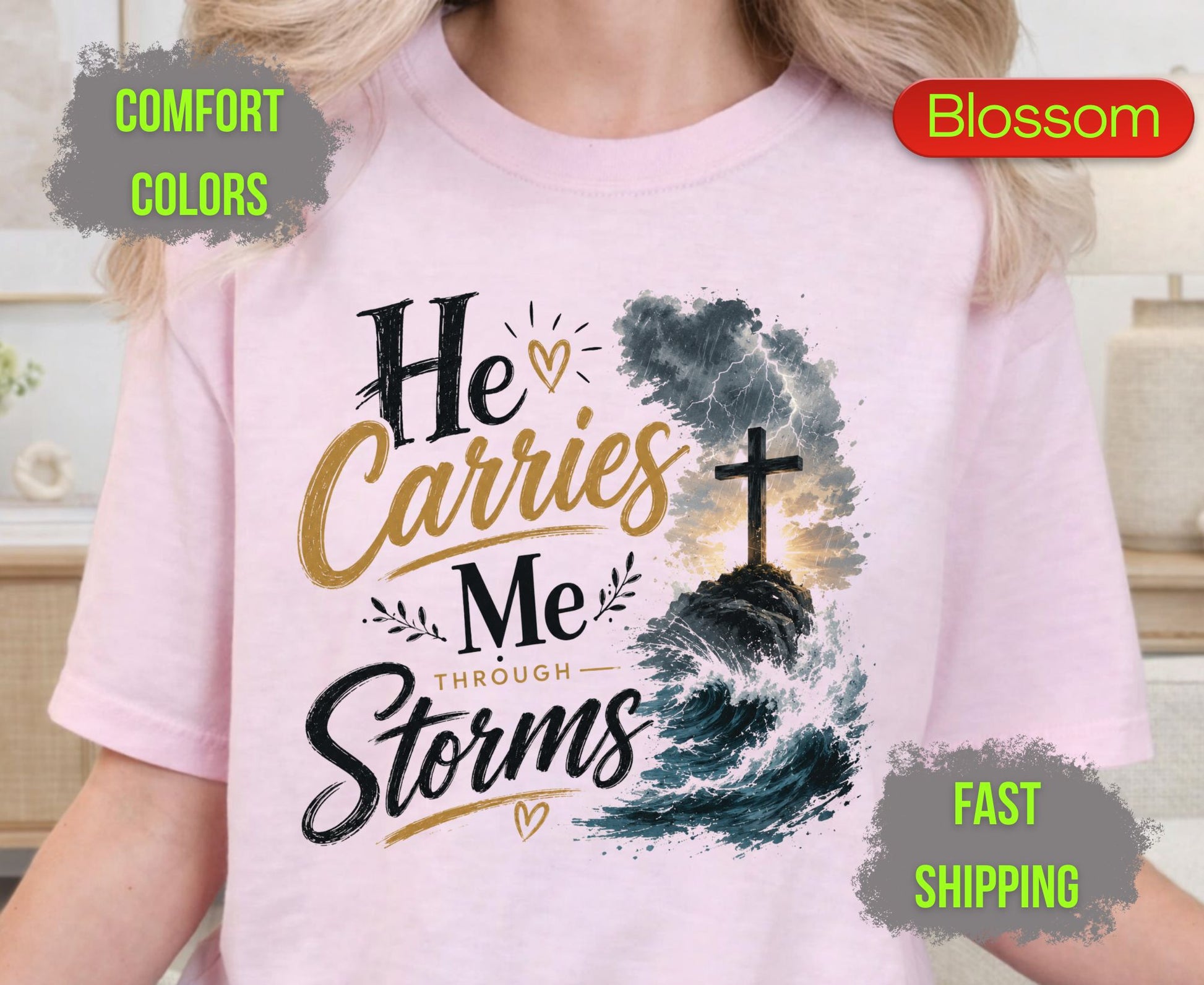 He Carries Me Through Storms Comfort Colors T Shirts Christian Ocean Wave Tee Religious Cross Mountain Shirt Inspirational Faith Scripture Gifts