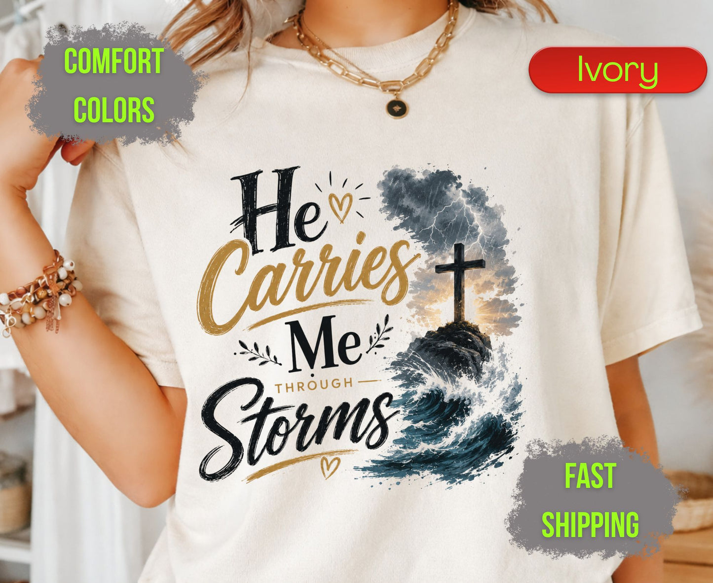 He Carries Me Through Storms Comfort Colors T Shirts Christian Ocean Wave Tee Religious Cross Mountain Shirt Inspirational Faith Scripture Gifts