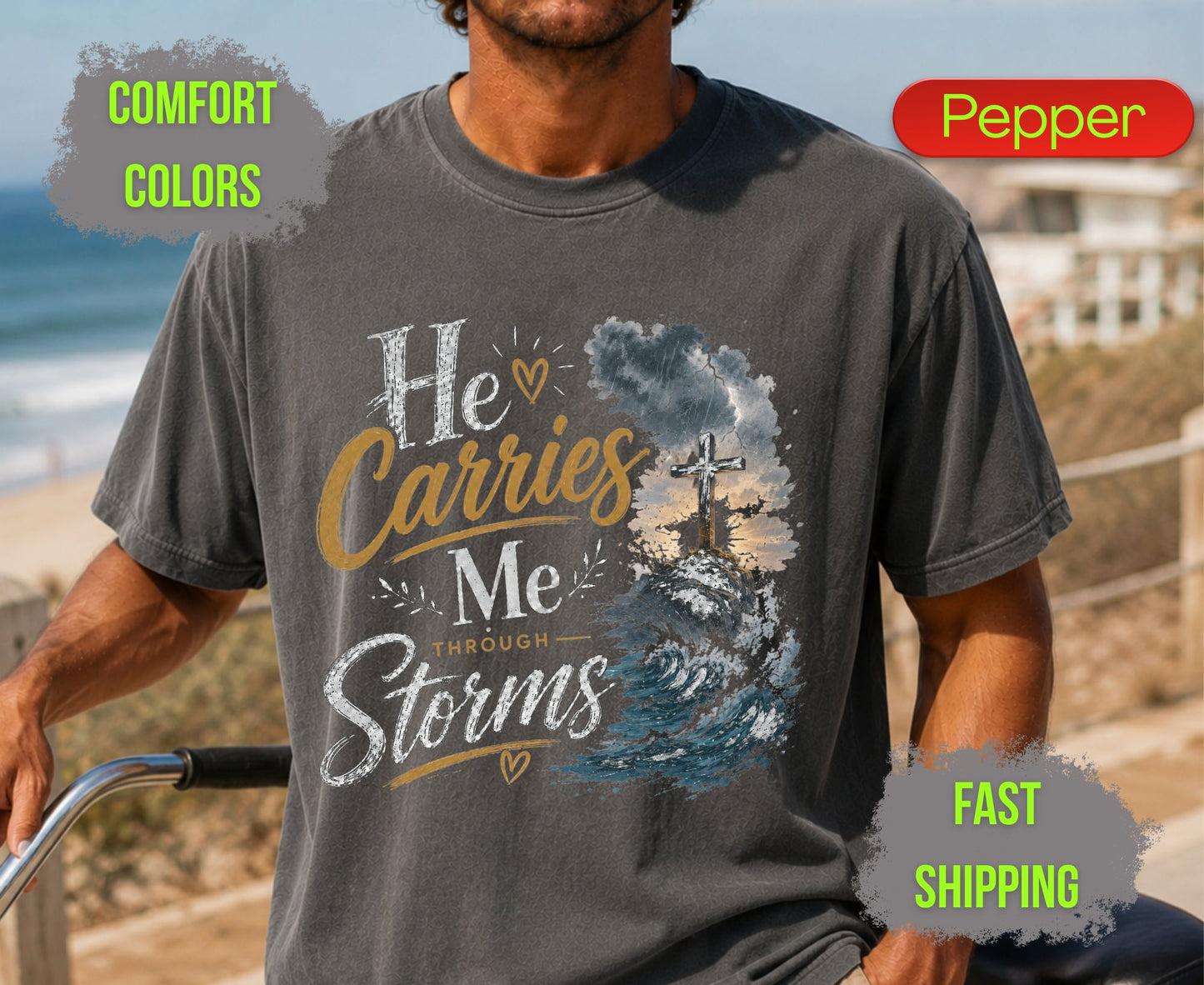 He Carries Me Through Storms Comfort Colors T Shirts Christian Ocean Wave Tee Religious Cross Mountain Shirt Inspirational Faith Scripture Gifts