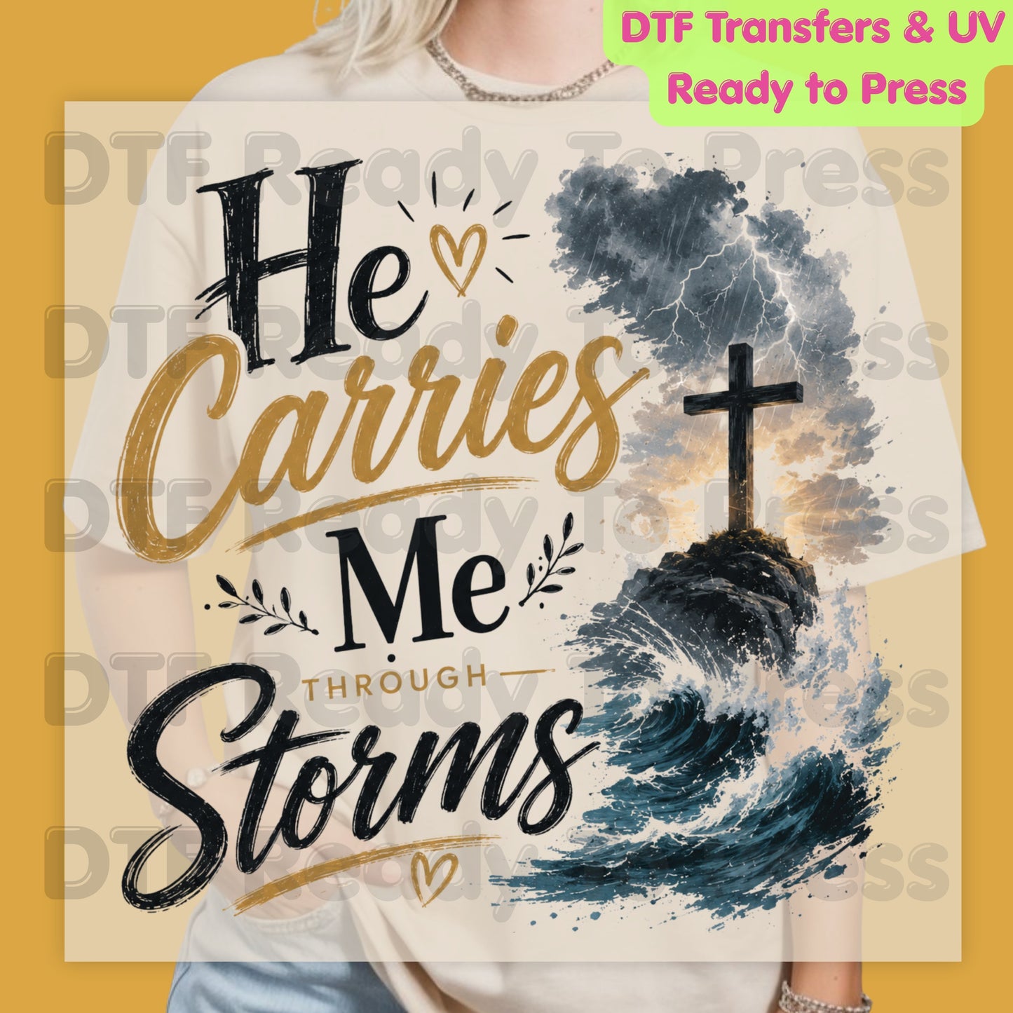 He Carries Me Through Storms DTF Transfer Ready to Press Christian Cross UV DTF Sticker Ocean Waves Lightning Storm Religious Faith Heat Transfer for Shirts