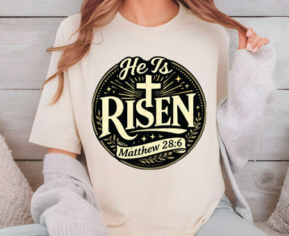He Is Risen T Shirt Matthew 28:6 Christian Easter Shirt Religious Jesus Tee Faith Gift Sunday School Outfit Adult Youth Toddler Baby Shirt
