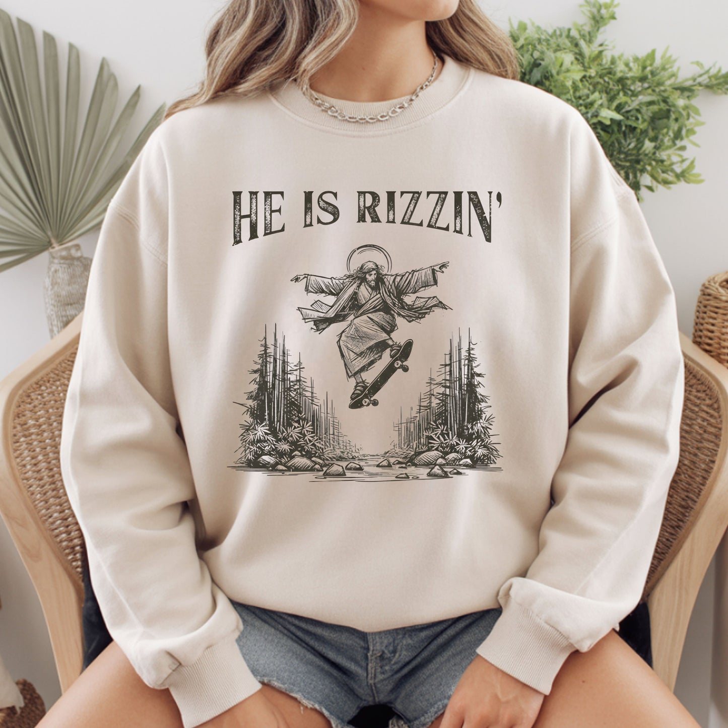 He Is Rizzin Comfort Colors T Shirts Funny Jesus Skateboarding Sweatshirt Vintage Christian Meme Sarcastic Faith Based Sweater