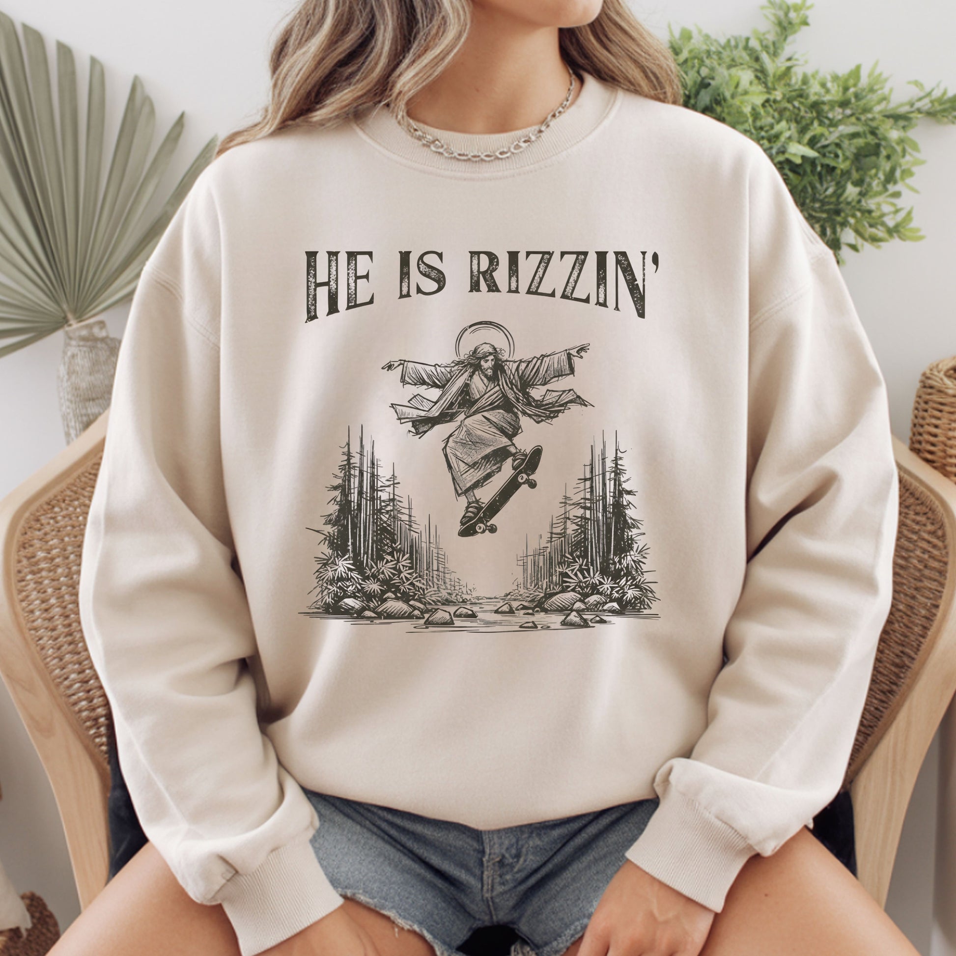 He Is Rizzin Comfort Colors T Shirts Funny Jesus Skateboarding Sweatshirt Vintage Christian Meme Sarcastic Faith Based Sweater