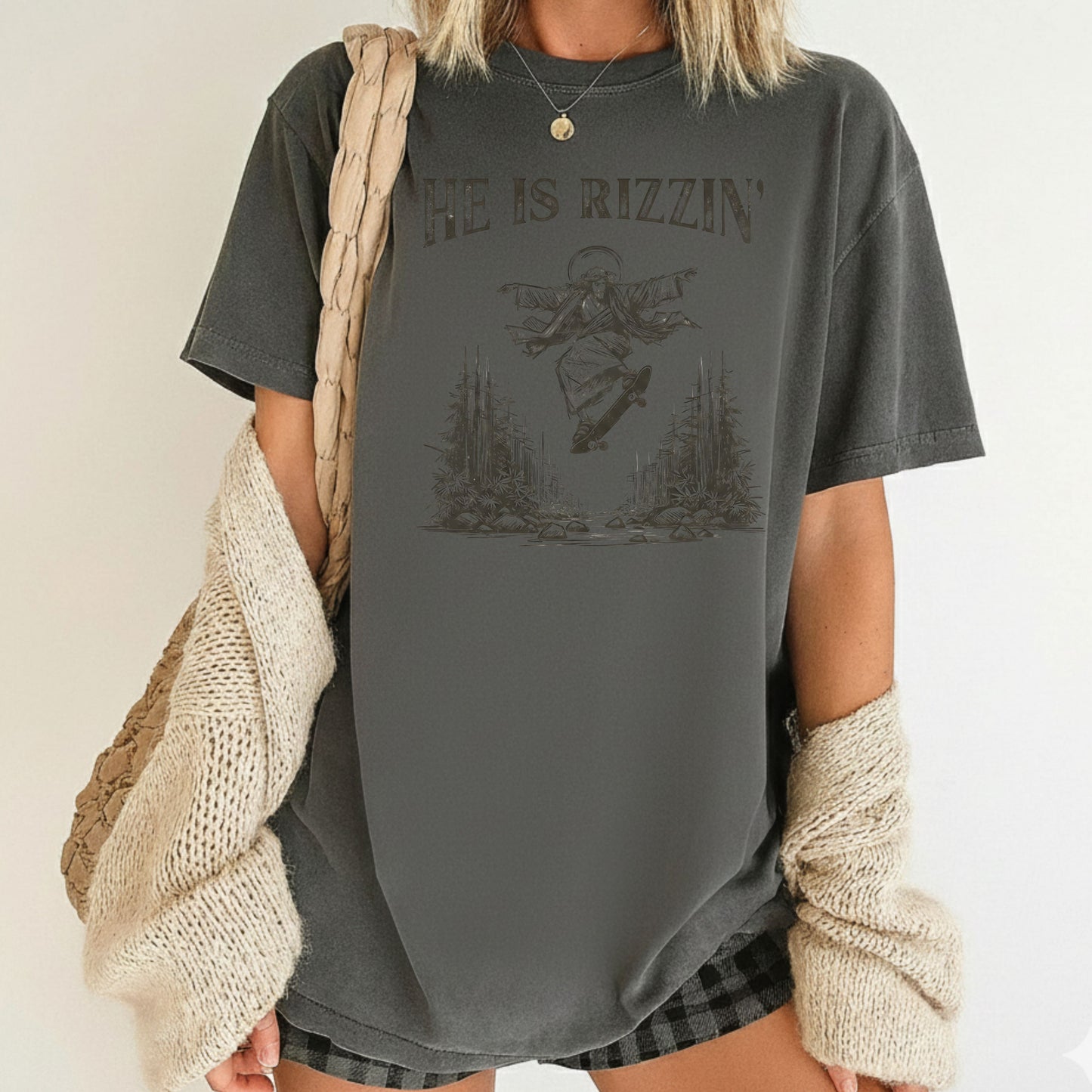 He Is Rizzin Comfort Colors T Shirts Funny Jesus Skateboarding Sweatshirt Vintage Christian Meme Sarcastic Faith Based Sweater