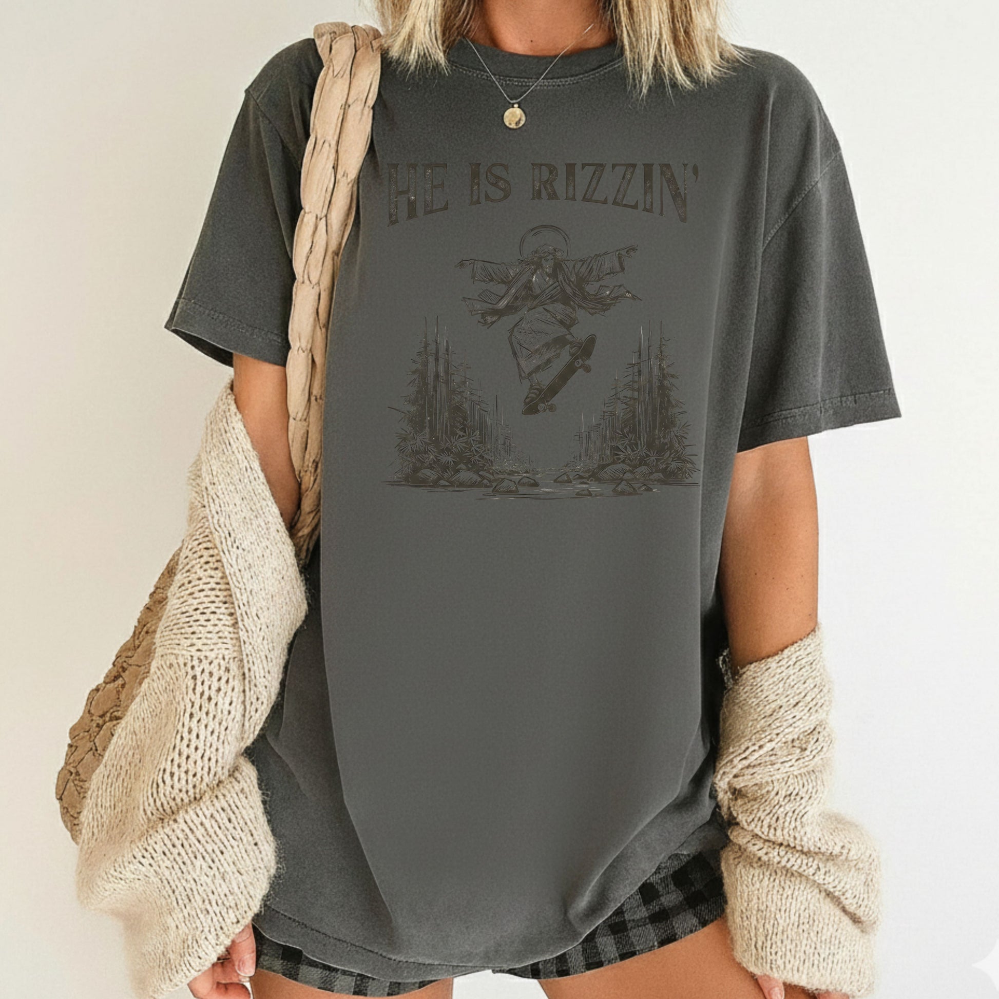 He Is Rizzin Comfort Colors T Shirts Funny Jesus Skateboarding Sweatshirt Vintage Christian Meme Sarcastic Faith Based Sweater