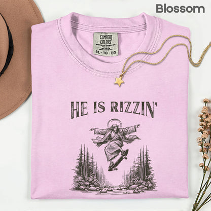 He Is Rizzin Comfort Colors T Shirts Funny Jesus Skateboarding Sweatshirt Vintage Christian Meme Sarcastic Faith Based Sweater