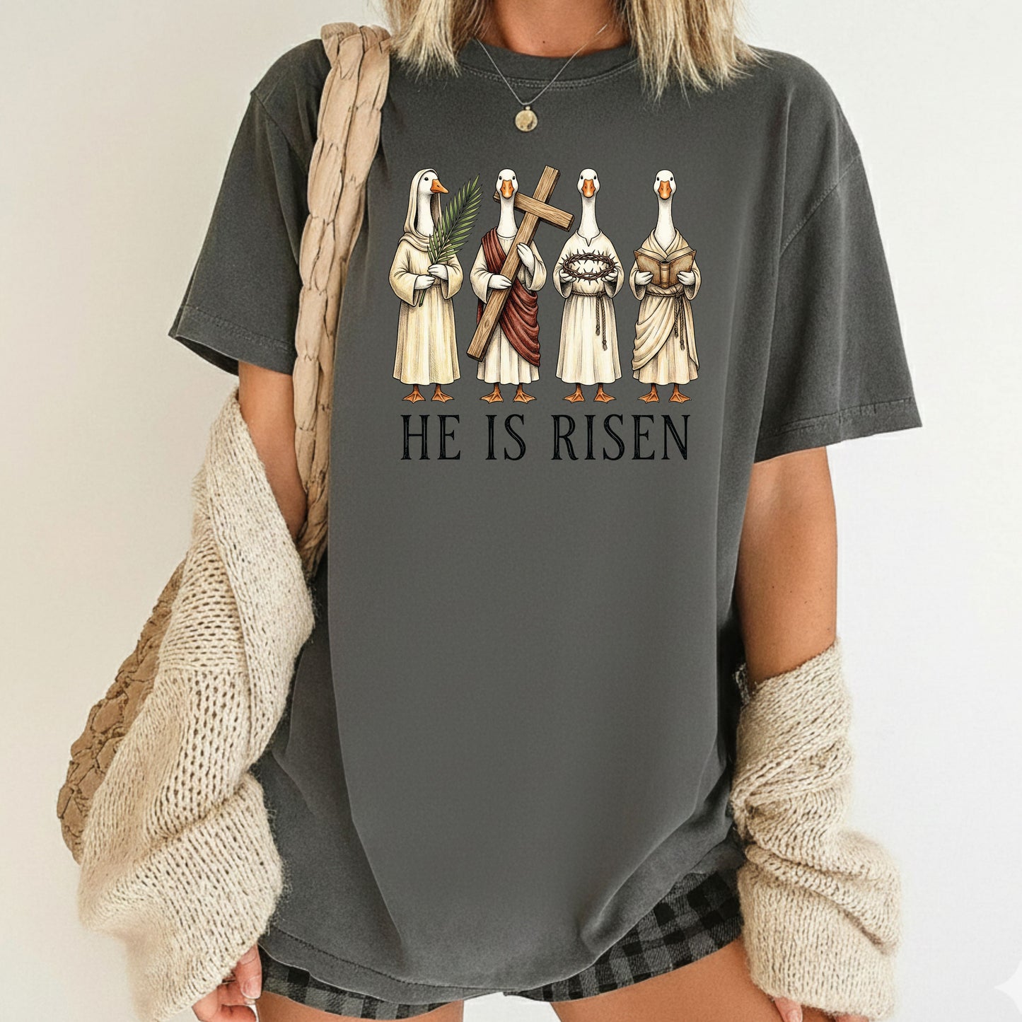 He is Risen Christian Easter Goose Comfort Colors T Shirt