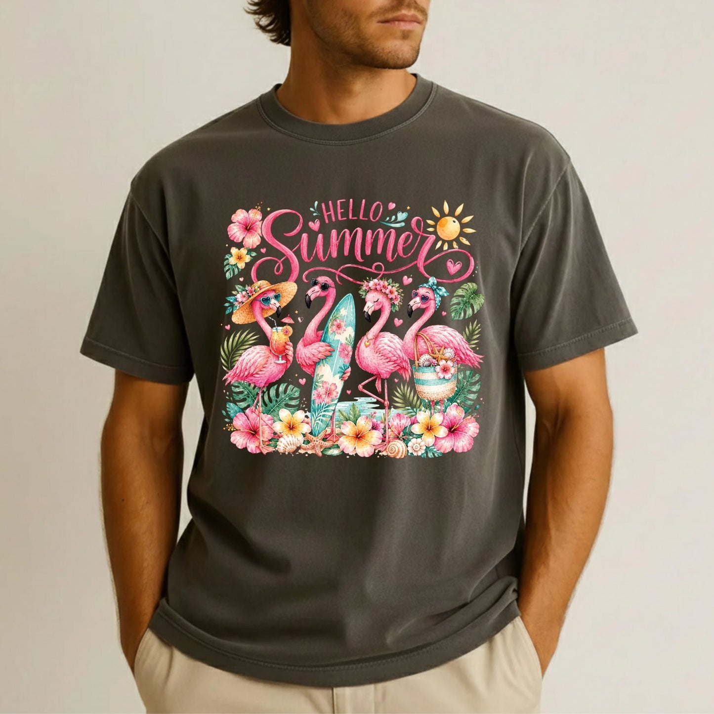 Hello Summer Flamingos DTF Transfer Ready to Press Tropical Beach UV DTF Sticker Flamingo Lover Heat Transfer for Shirts
