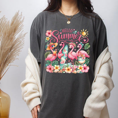 Hello Summer Flamingos DTF Transfer Ready to Press Tropical Beach UV DTF Sticker Flamingo Lover Heat Transfer for Shirts