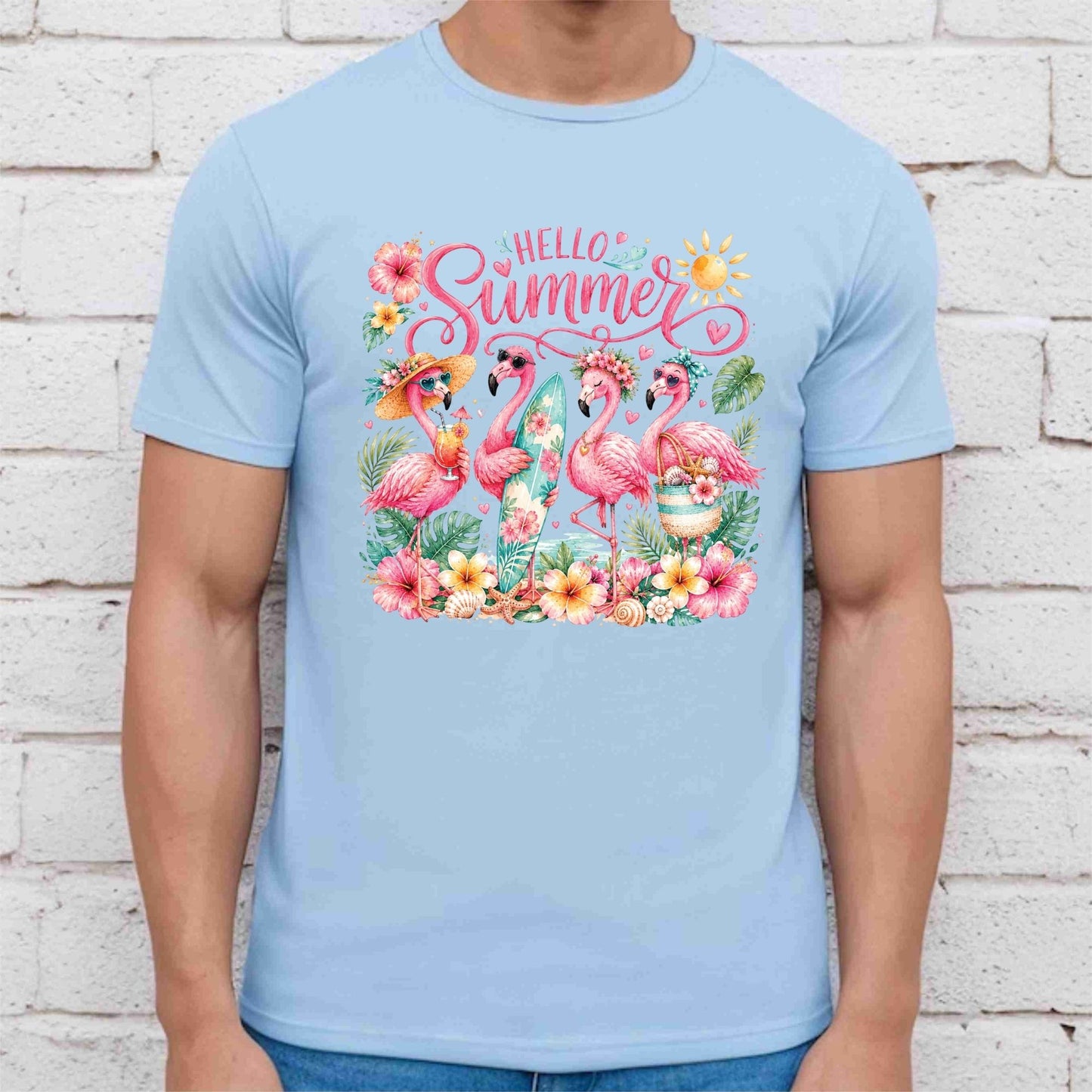 Hello Summer Flamingos DTF Transfer Ready to Press Tropical Beach UV DTF Sticker Flamingo Lover Heat Transfer for Shirts