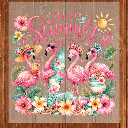 Hello Summer Flamingos DTF Transfer Ready to Press Tropical Beach UV DTF Sticker Flamingo Lover Heat Transfer for Shirts
